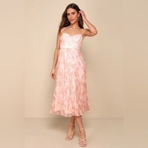 Finest Endeavor Blush Pink Floral Pleated Bustier Midi Dress
